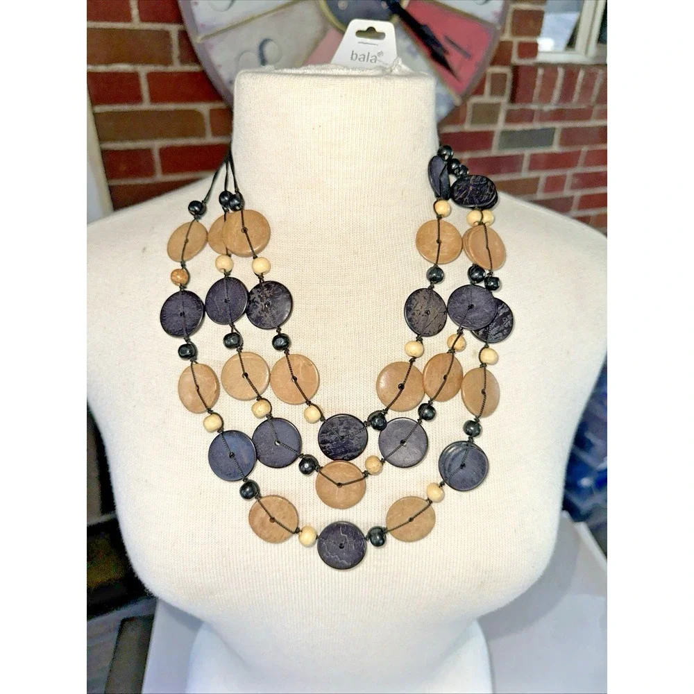 Bala Statement Necklace Women OS Black Tan NEW Wood Disc Multi-Strand Boho